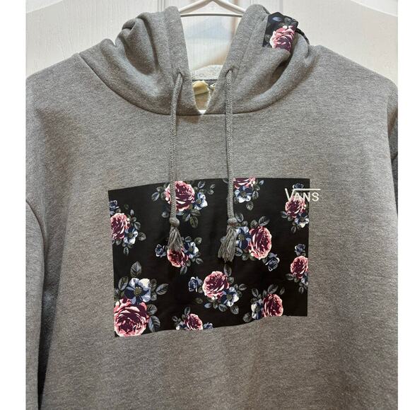 Vans Women M Gray Rose Bud Floral Front Pocket Hoodie Skate Surf Coastal - Picture 2 of 7